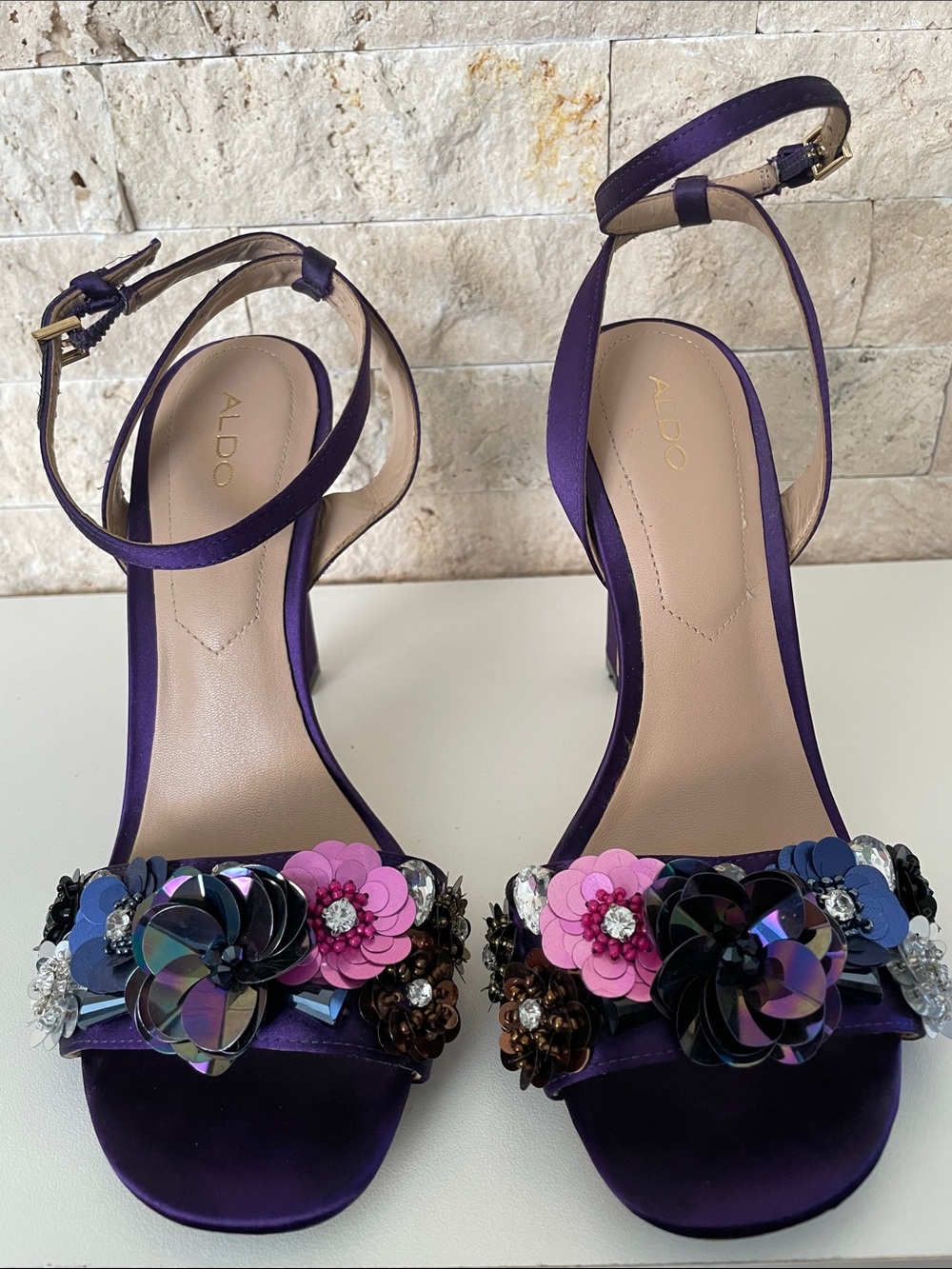 ALDO Purple Satin Floral Embellished Ankle-Strap Heels